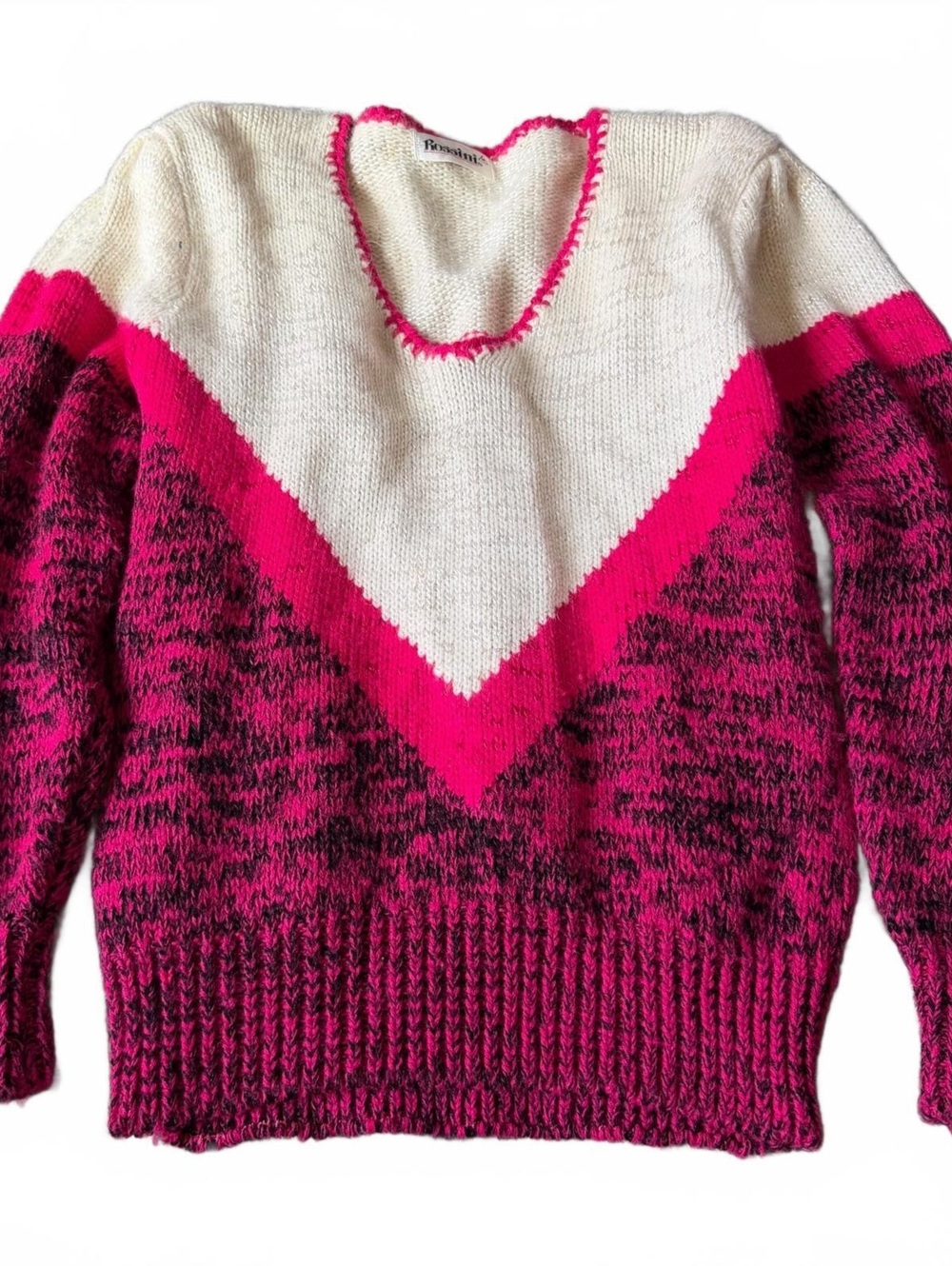 Vintage Rossini Pink Black Cream Wool Angora Colorblock Sweater